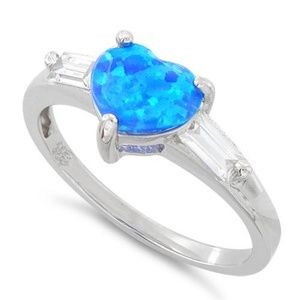 Sterling Silver NEW Opal Heart Baguette Ring